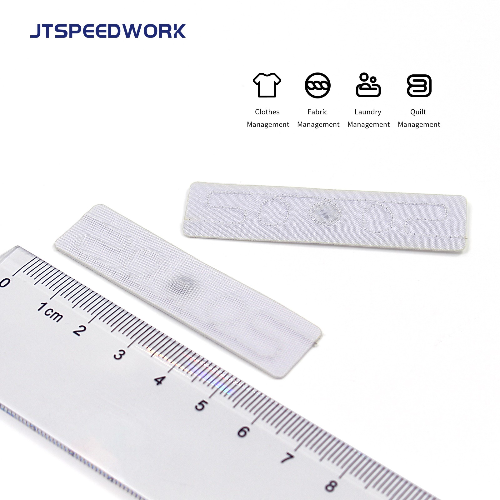 JT-F5815 Etichetta RFID lavabile per tessuti UHF da 58*15 mm, 860-960 MHz, per applicazioni tessili e lavanderia.