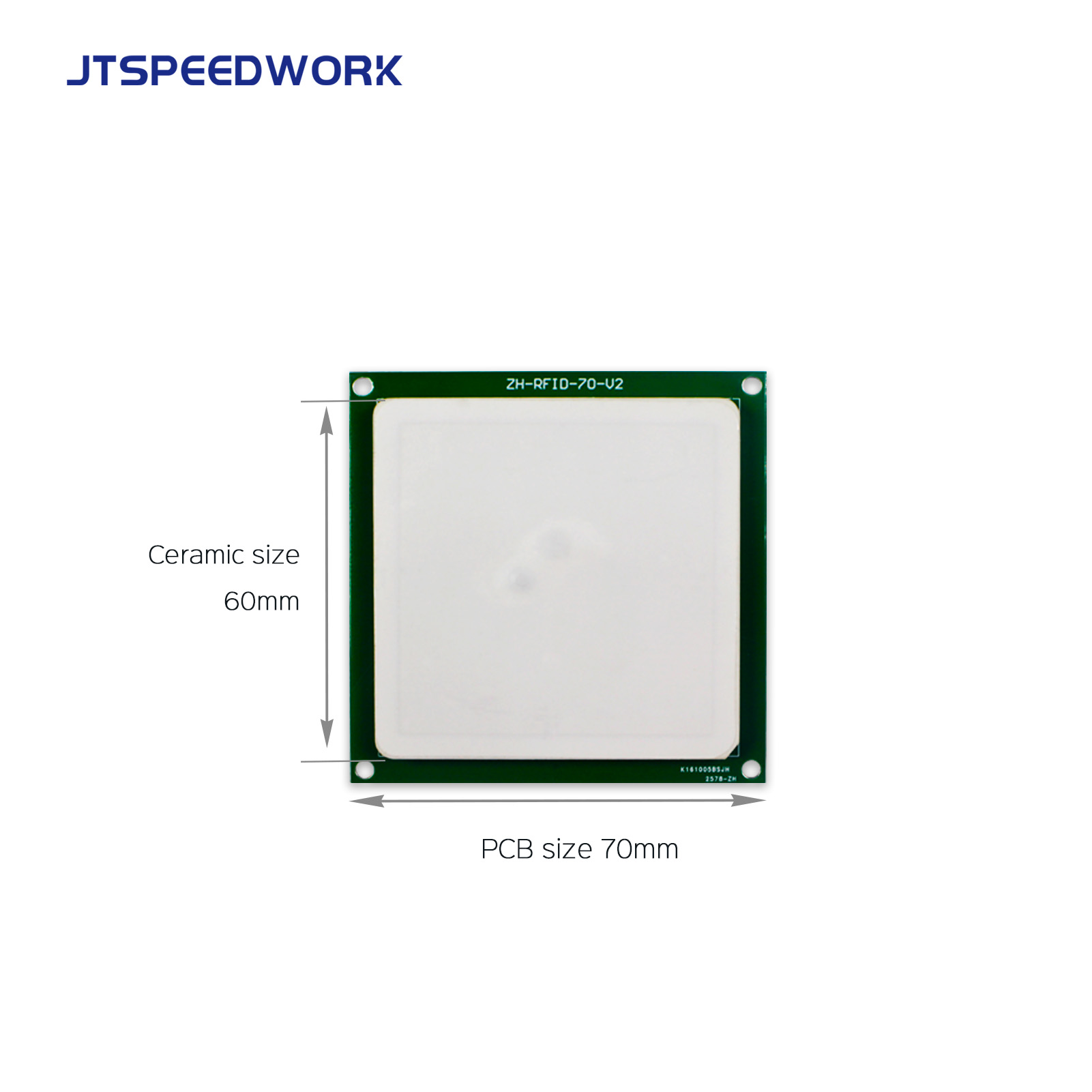 Antenna ceramica RFID UHF JT-T0060 da 4 dBi, polarizzazione circolare RHCP 860-960 MHz, connettore personalizzabile.