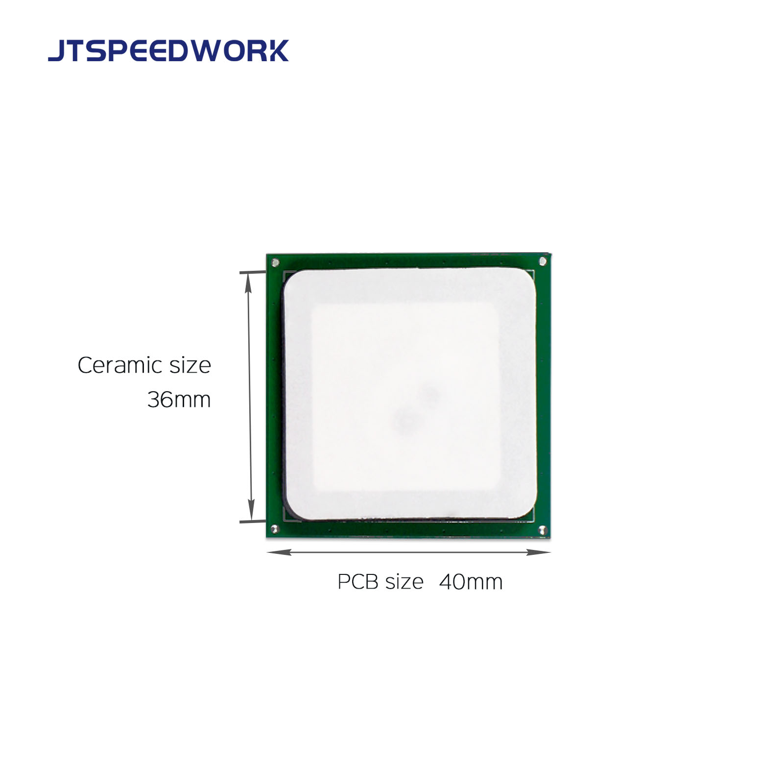 Antenna ceramica RFID UHF JT-T0036 da 3 dBi, 36*36 mm, 865-868/902-928 MHz, polarizzazione circolare destra (RHCP) per PDA.